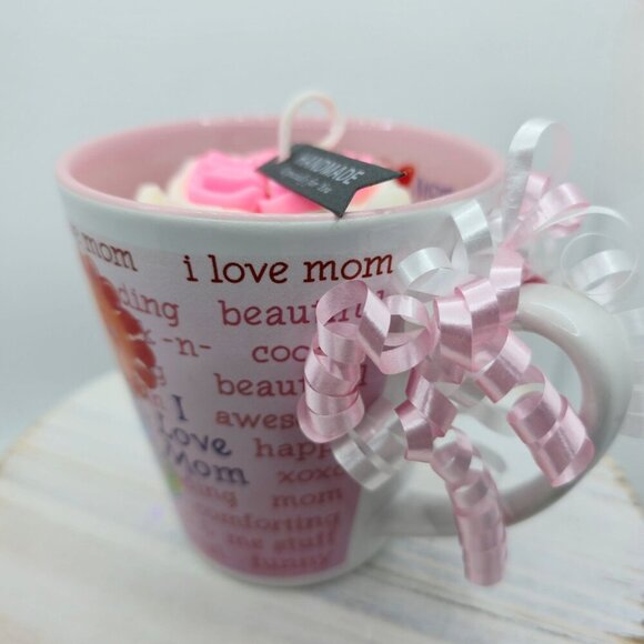 I Love Mom ✦ Ceramic Mug Candle ✦ Pink Rose Wax w/ Affirmation Wrap Handmade NWT - Picture 6 of 9